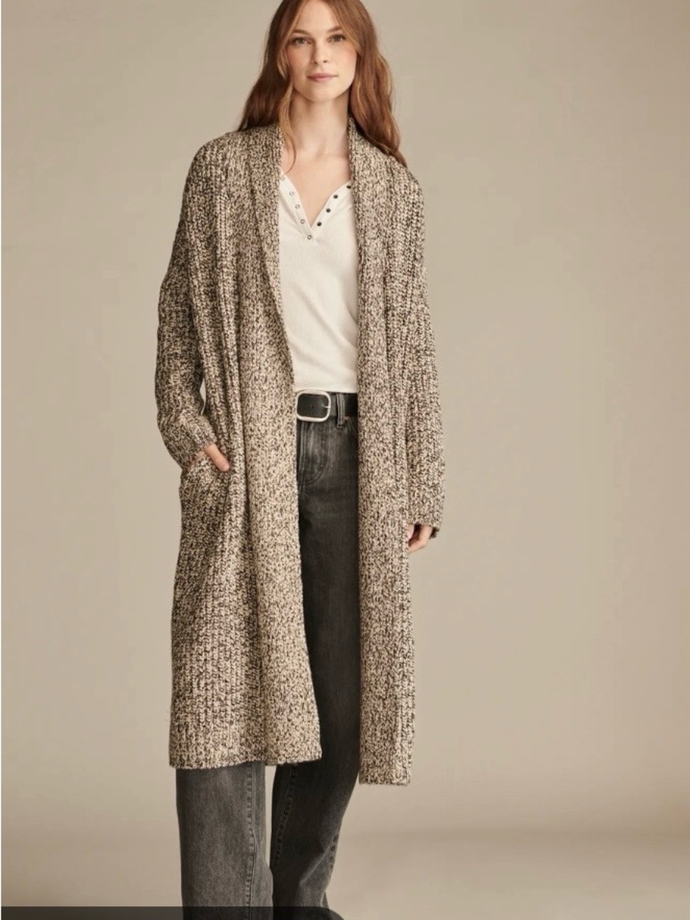 Lucky Brand Long Open-Front Marled gray and black Cardigan Coatigan